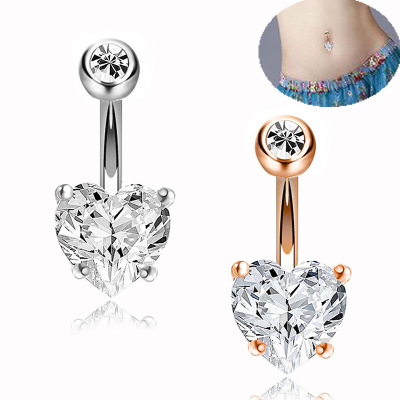 Diamond Four Claw Loving Heart Zircon Belly Ring Medical Stainless Steel Navel Stud Trend Stainless Steel Belly Button
