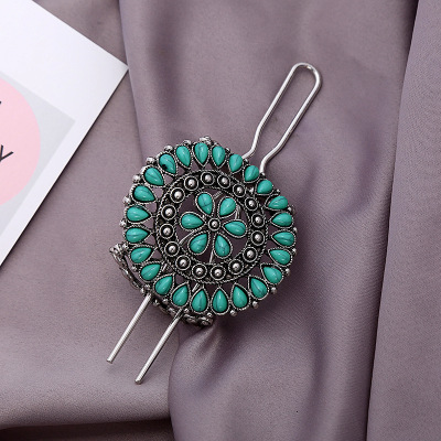 Fashion Retro Hairpin Europe and America Cross Border Hot Sale Turquoise Flower Temperament Archaistic Headdress Updo