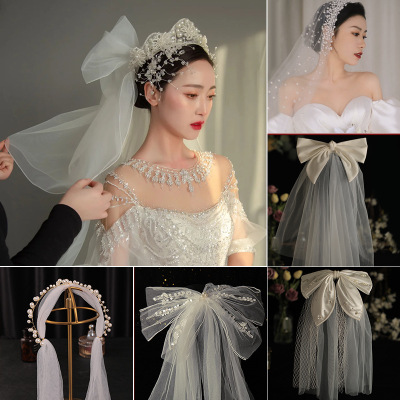 Hot Luxury Handmade Pearl Flower Headband Crown Internet Celebrity Veil Bride Princess Wedding Wedding Double Layer Veil