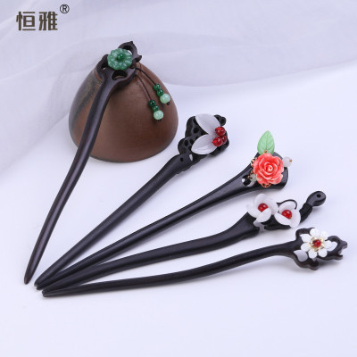 Hair Clasp Ebony Hairpin Female Antique Hair Accessories Pull Hair Clasp Tassel Buyao Colored Glaze Wearing Flower