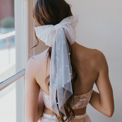 Celebrity Super Fairy Mesh Ribbon Pearl Bow Wedding Bridal Gown Temperament Girl Head Clip Hair Clips Hair Accessories