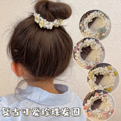 Spring and Summer Comely Pearl Bracelet Flower Hairband Bun Cute Dual-Purpose Hair Rope High Ponytail Bow Rubber Band