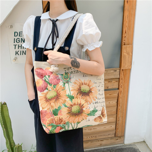 Ethnic Pastoral Style Shoulder Bag Cross-Border Live Broadcast Supply Gold Silk Embroidery Thread Jacquard Canvas Bag Large Capacity Tote
