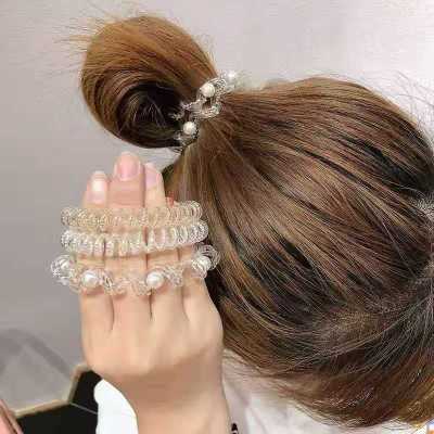 Seamless Pearl Headband Transparent Thick Hair Rope Bun Rubber Band Hair Accessories Wholesale Telephone Wire Hair Ties