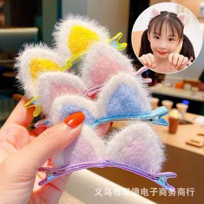 and Winter Mink Hair Cat Ears Barrettes Girl Cute Plush Hairpin Cat Three-Dimensional Not Hurt Barrettes Girl Side Clip