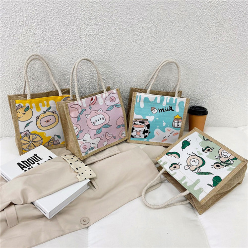 fresh large capacity linen sack 2024 new korean style ins handbag simple student cartoon canvas bag