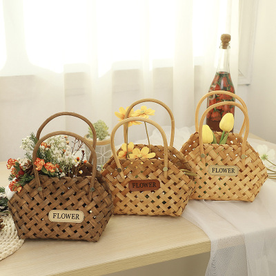Hand-Woven Wooden Basket Special Flowers for Teachers' Day and Mother's Day Basketable Nets Red Posing Props Portable Gift Basket