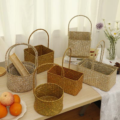 Nordic Style Seaweed Woven Storage Flower Basket Wedding Candy Shop Hand Gift Portable Basket Decoration Flower Arrangement Basket