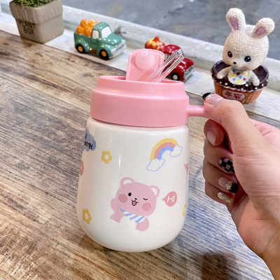 Cute Cartoon Porcelain Water Cup Wholesale Straw Mug Student Portable Thermos Cup Office Drinking Cup