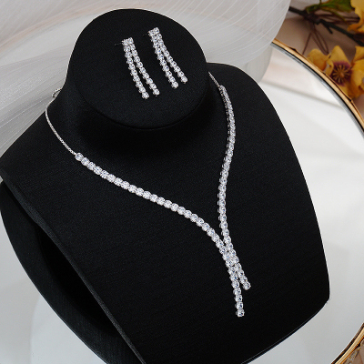 New Bright full rhinestone zircon necklace eardrops set Bride wedding jewelry simple graceful all-match suit