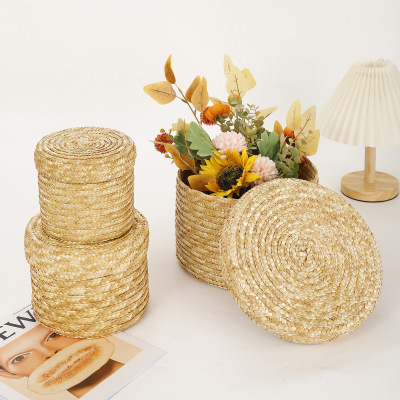 Exclusive for Cross-Border Pastoral Straw Handmade Storage with Lid Handmade Wheat Straw Storage Box Hand Gift Hay round Box