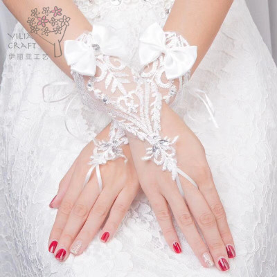 Bridal Wedding Dress Fingerless Gloves Lace Hollow-out Long/Short Gloves Strap Diamond-Embedded with Bowknot Gloves