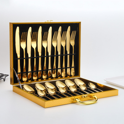 16 24 48-Piece Stainless Steel Gold Plated Knife, Fork and Spoon Tea Spoon Wooden Gift Box Set