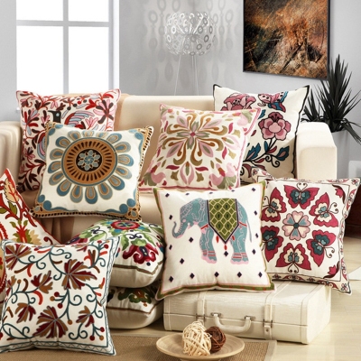 Ethnic Style Embroidered Living Room Bed & Breakfast Pillow Sofa Big Cushion Bedroom Bedside Cotton Backrest Pillow Cover without Core