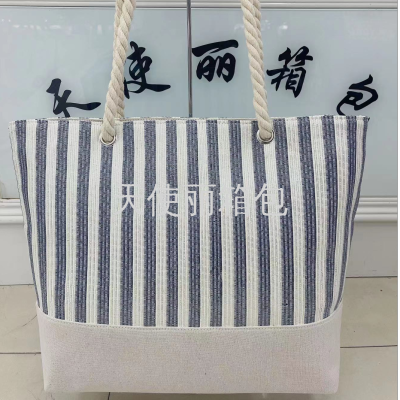 New Silver Silk Striped Straw Stitching Beach Bag Color Sequins Large Capacity Hemp Rope Bag