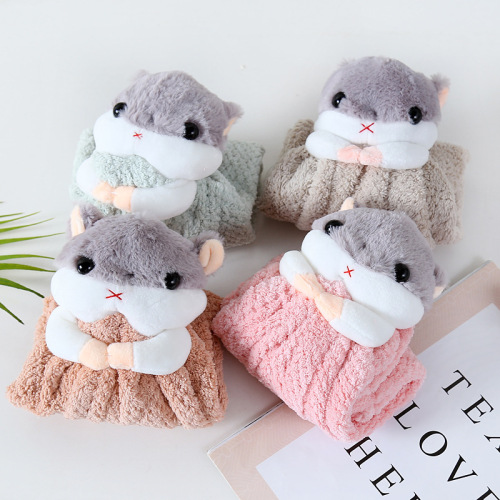 wholesale creative style cute cartoon squirrel coral fleece hand towel hanging hair drying towel towel