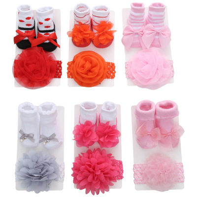 New Striped Solid Color Lace European and American Baby Socks Bow Cute Princess Baby Socks Hair Band Set