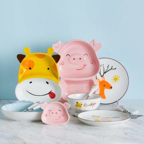 children‘s ceramic tableware cute breakfast plate household compartment tray baby cartoon creative dinner plate bowl compartment plate