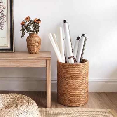 Southeast Asia Rattan Hand-Woven Painting and Calligraphy Tube Chinese Study Storage Basket Put Scroll Painting Calligraphy and Painting Fiber Drum