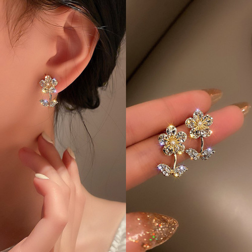 925 silver needle flower rhinestone pearl earrings korean small flower stud earrings cute sweet fashion personalized earrings