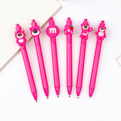 Creative Stationery Pen Strawberry Bear Gel Pen Push Type Cute Student Personality Good-looking Cartoon Gel Pen Wholesale