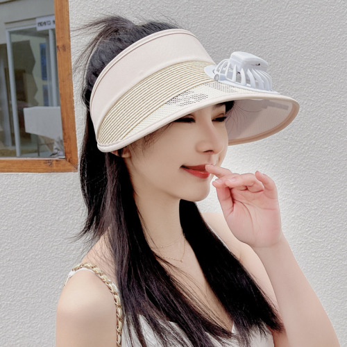 2022 summer new hat female korean letter straw woven empty top sun protection sun hat big brim with fan sun hat