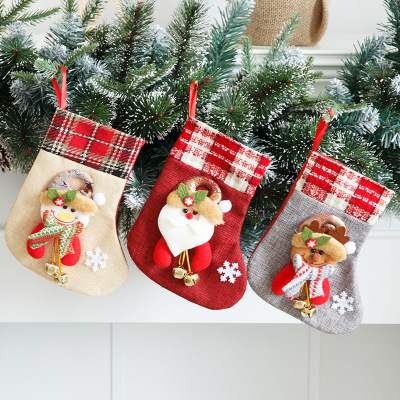 New Christmas Little Socks Small Christmas Stockings Linen Cartoon Socks Decorative Candy Bag Gift Bag with Bell Gift Bag