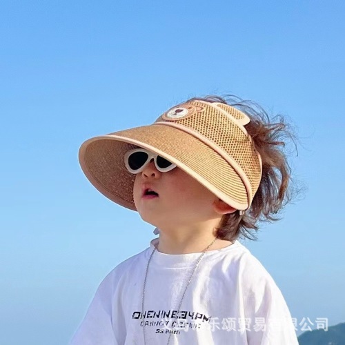 ins summer korean male and female baby empty top straw hat sun hat cute ear embroidered bear sun hat