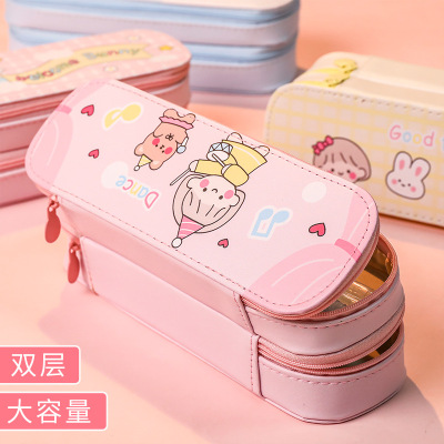 Double Layer Pencil Case Large Capacity Simple Canvas Girl Elementary School Student Cute Stationery Pencil Box Prize Reward Gift