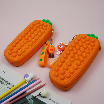 Creative Simulation Solid Color Carrot-Shaped Pencil Case Cute Silicone Bubble Music Stationery Box Korean Simple Student Stationery Bag