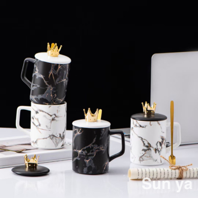 New Black and White Marbling Ceramic Cup Crown Mug with Cover with Spoon Coffee Cup Office Tea Cup