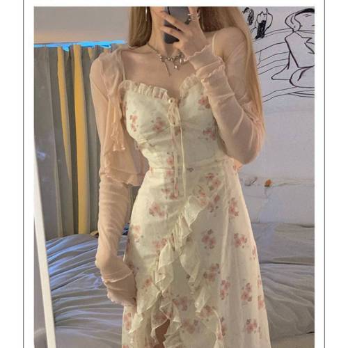 Floral Skirt Dress Floral Strap Dress 2022 Summer Korean Style New Ruffled Atmosphere Split Length