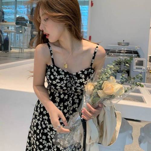 dress 2022 new high slit temperament strap dress women‘s spring and summer chiffon design sense waist slimming broken