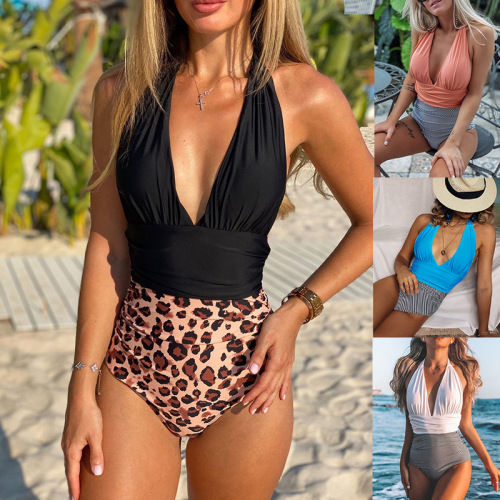 foreign trade european and american swimsuit women‘s one-piece backless sexy color matching belly covering cross-border bikini swimsuit wholesale