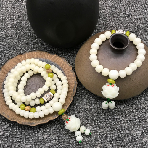 factory supply bodhi root bracelet wholesale white jade bodhi 108 lotus carved beads rosary bodhi bracelet