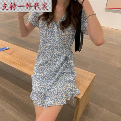 floral suspender skirt summer slightly fat girls summer korean style v-neck elegant all-match gentle girl sweet slimming bandage broken