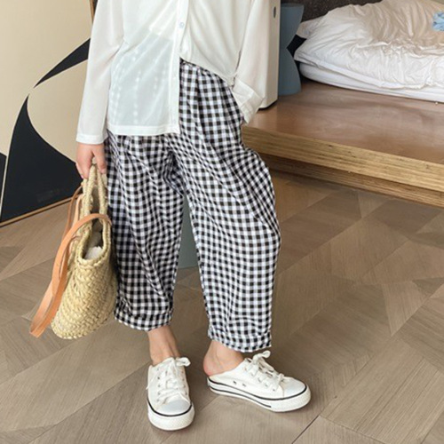cong xiaomei 2022 summer children‘s clothing korean-style plaid straight cropped casual pants for middle and big children thin pants