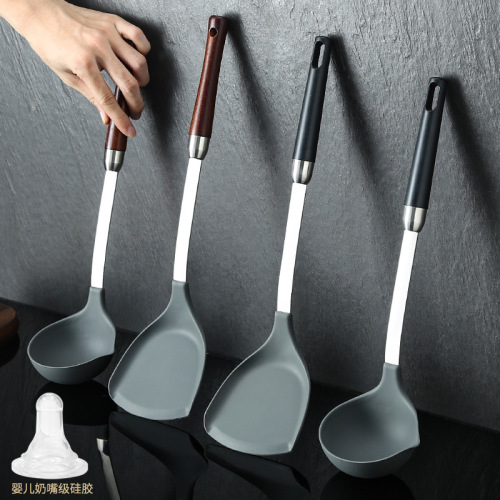 silicone shovel 304 stainless steel non-stick pan special wooden handle cooking shovel silicone soup spoon silicone kitchenware set