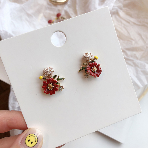 vintage mori enamel glaze earrings female korean daisy s925 silver needle purple flower ball stud earrings flower earrings