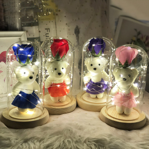 cross-border valentine‘s day gift glass cover simulation preserved fresh flower decoration led eternal rose bear christmas gift