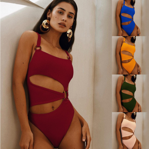 2022 New European and American One-Piece Swimsuit Solid Color One-Piece Bikini Sexy Cutout Female One Piece Swimsuit 2021