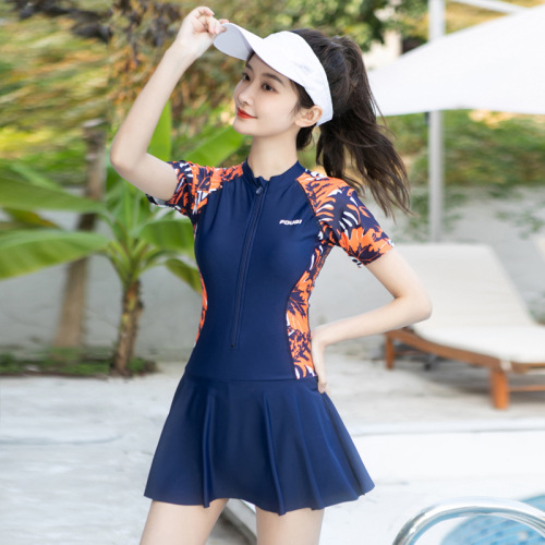 022 korean new belly-covering slimming swimsuit short sleeve elastic high waist swimsuit student conservative fresh swimsuit