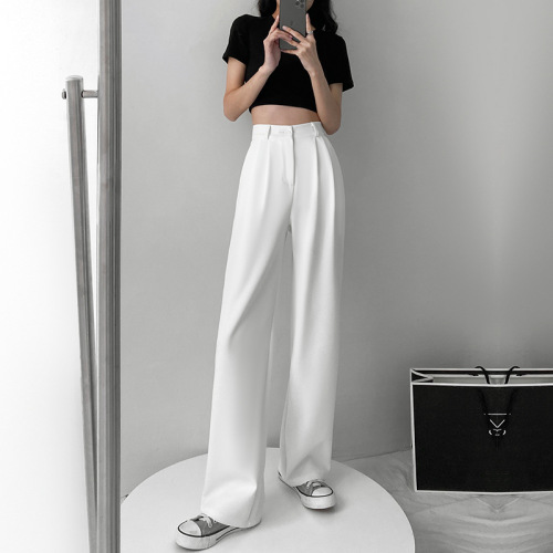 white ice silk wide-leg pants women‘s summer new high waist draping slimming mopping suit pants loose straight pants