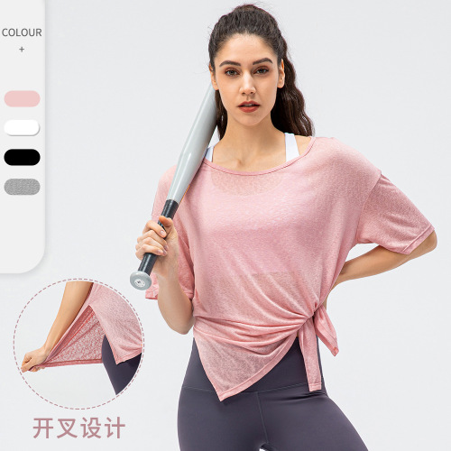 spring and summer new women‘s loose sports blouse lightweight breathable running t-shirt split quick-drying yoga short sleeve 22225