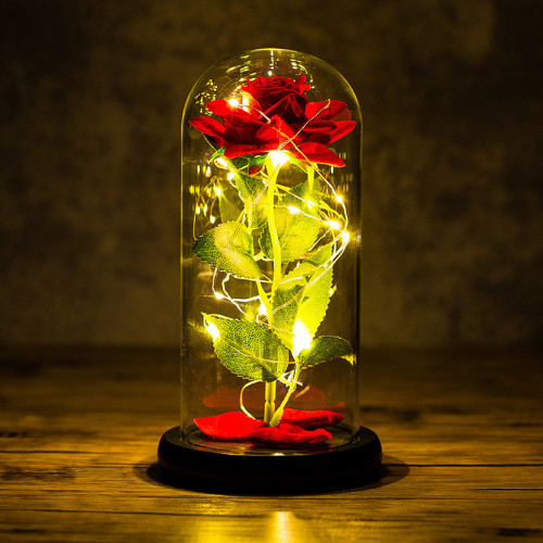 cross-border preserved fresh flower artificial rose glass cover luminous led lover mother‘s day christmas birthday gift decoration
