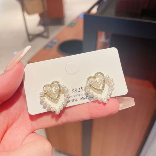 Korean Style New Earrings Fairy 925 Silver Needle Double Heart Pearl Earrings 2022 New Trendy Niche Design Earrings