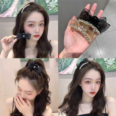 New Korean Style Double-Sided Rhinestone Hair Claws Hair Accessories Sweet Side Mesh Bow Clip Temperament High Ponytail Hairpin