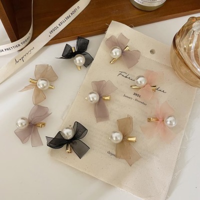 Best-Seller on Douyin Pearl Barrettes Mesh Bow Side Clip Bangs Elegance Retro Fashion Shredded Hair Side Clip