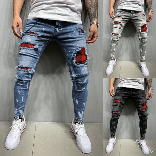 European and American Men‘s Ripped Print Jeans Amazon Patch Stretch Skinny Jeans New