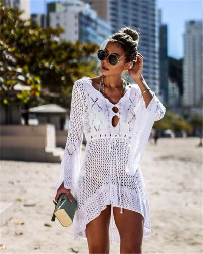 amazon hollow sun protection shirt bell sleeve beach blouse bikini blouse european and american popular knitwear swimsuit